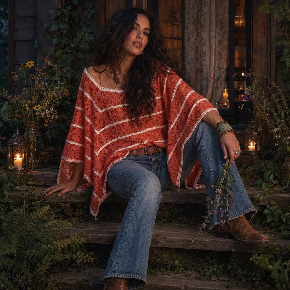 Free People Coral Cream Crochet Poncho Sweater Top M Batwing Boho Y2K